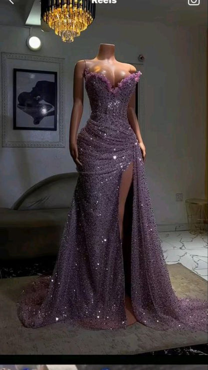 Superbe robe de bal longue fendue à paillettes style sirène, décolleté en cœur, robe de soirée, robe de remise de diplôme, D2551