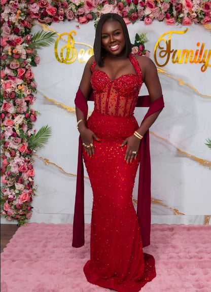 Robe de bal longue sirène à paillettes rouges et dos nu, robe de soirée noire pour fille, D2557