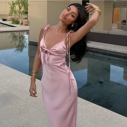Sexy Sheath Straps Pink Satin Long Birthday Dress Birthday Outfits Graduation Dresses D2589