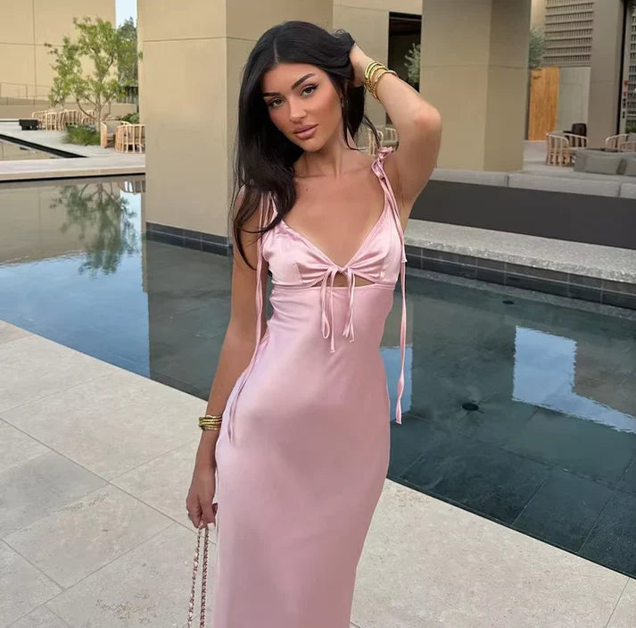 Sexy Sheath Straps Pink Satin Long Birthday Dress Birthday Outfits Graduation Dresses D2589