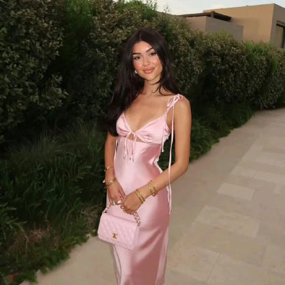 Sexy Sheath Straps Pink Satin Long Birthday Dress Birthday Outfits Graduation Dresses D2589