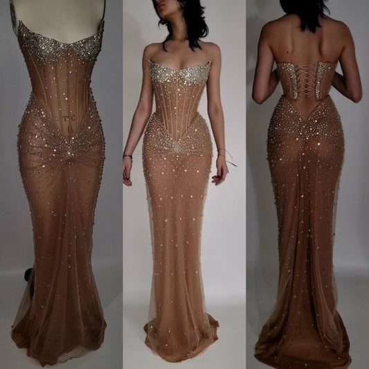 Sexy Mermaid Strapless Silver Beads Champagne Long Birthday Dress Birthday Outfits Graduation Dresses D2628