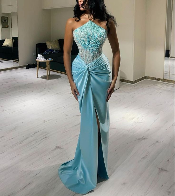 Sexy Meerjungfrau Perlen Blau Satin Ballkleider Formale Sommer Hochzeitsgastkleider Hochzeitsgast-Outfits D2656