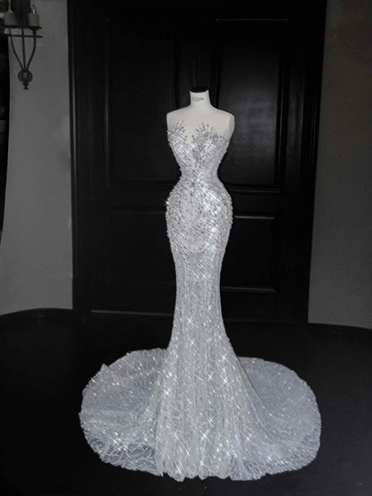 Robe de bal longue style sirène vintage à paillettes gris argenté, tenue de soirée, de remise de diplôme, d'anniversaire, D2716