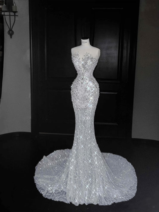 Robe de bal longue style sirène vintage à paillettes gris argenté, tenue de soirée, de remise de diplôme, d'anniversaire, D2716