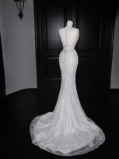 Robe de bal longue style sirène vintage à paillettes gris argenté, tenue de soirée, de remise de diplôme, d'anniversaire, D2716
