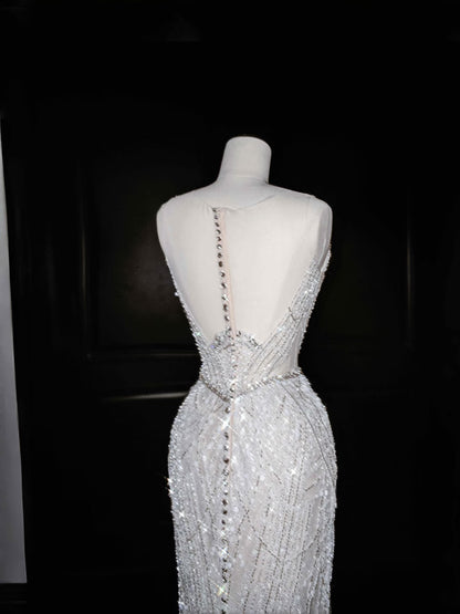 Robe de bal longue style sirène vintage à paillettes gris argenté, tenue de soirée, de remise de diplôme, d'anniversaire, D2716