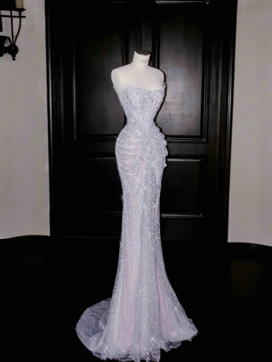 Sexy Mermaid Silver Gray Strapless Sequins Long Prom Dress Party Dress Graduation Dresses Birthday Outfits D2717