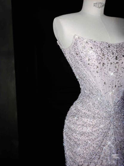Sexy Mermaid Silver Gray Strapless Sequins Long Prom Dress Party Dress Graduation Dresses Birthday Outfits D2717
