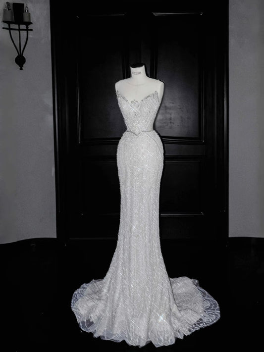 Sexy Mermaid Silver Gray Strapless Sequins Long Prom Dress Party Dress Graduation Dresses Birthday Outfits D2717