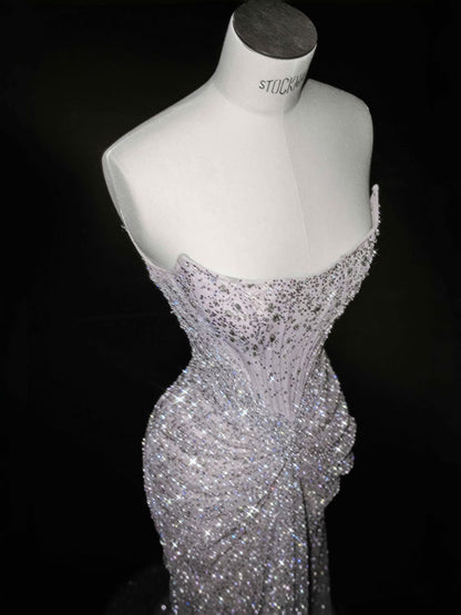 Sexy Mermaid Silver Gray Strapless Sequins Long Prom Dress Party Dress Graduation Dresses Birthday Outfits D2717