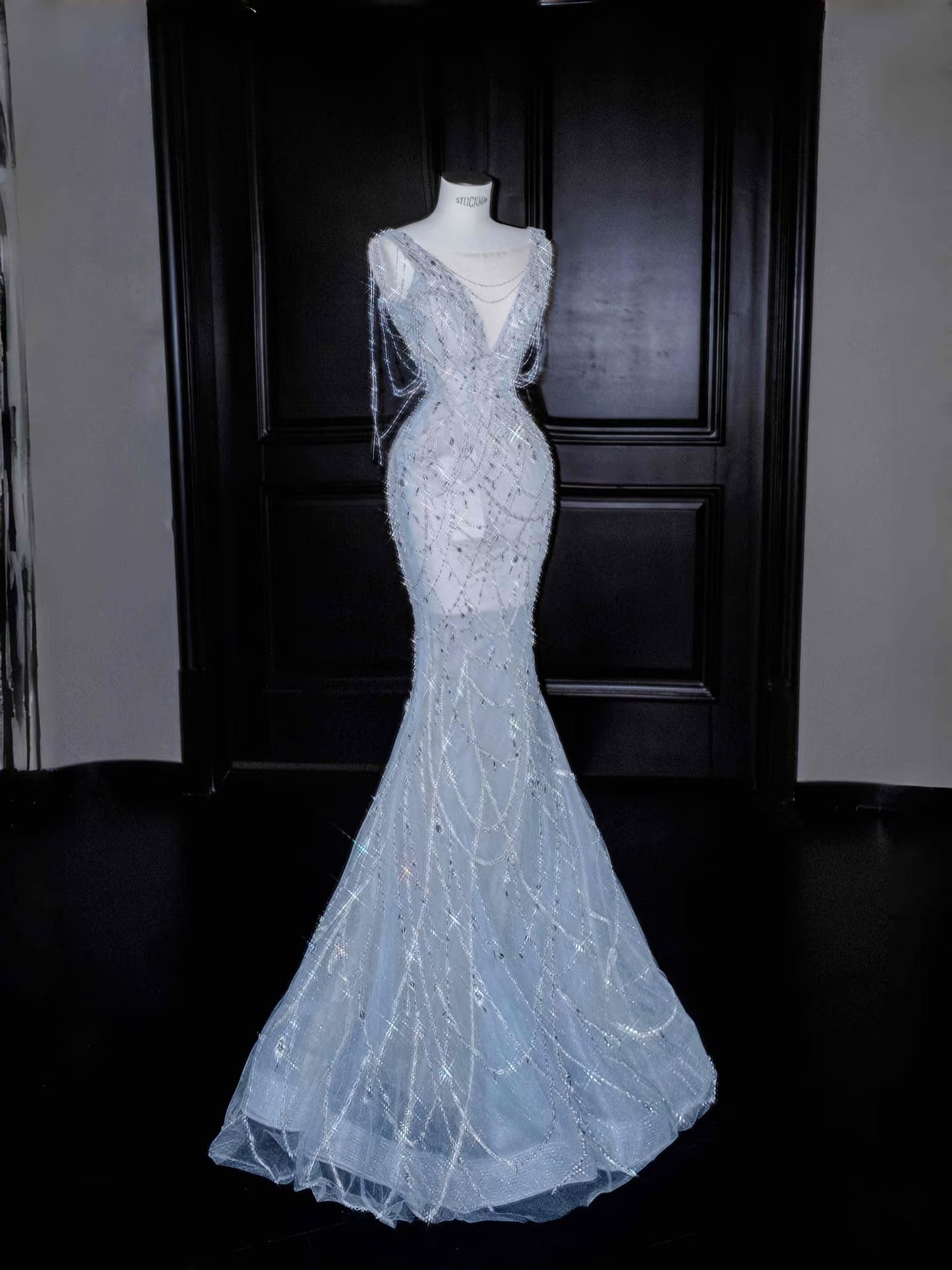 Gorgeous Mermaid V Neck Silver Beads  Long Prom Dress Party Dress Graduation Dresses DP2718