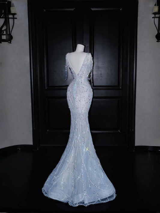 Gorgeous Mermaid V Neck Silver Beads  Long Prom Dress Party Dress Graduation Dresses DP2718
