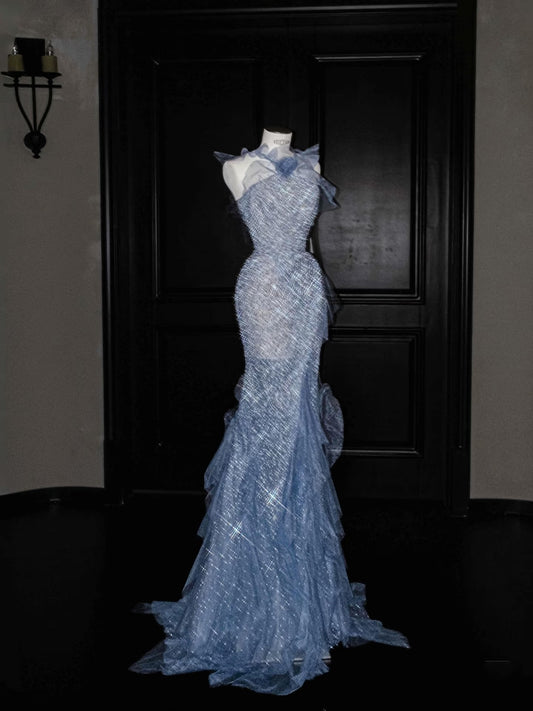 Wunderschönes Meerjungfrau-Neckholder-Blau-Pailletten-Langballkleid Partykleid Abschlusskleider DP2721