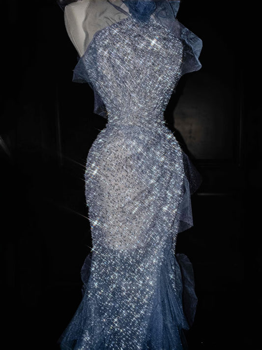 Wunderschönes Meerjungfrau-Neckholder-Blau-Pailletten-Langballkleid Partykleid Abschlusskleider DP2721