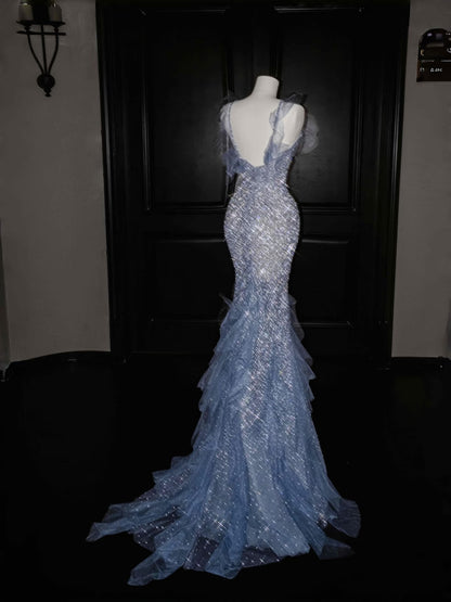 Wunderschönes Meerjungfrau-Neckholder-Blau-Pailletten-Langballkleid Partykleid Abschlusskleider DP2721