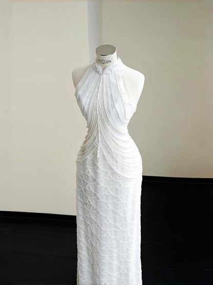 Pretty Bridal Gown Mermaid High Neck Sequin White Long Wedding Dresses Modest Bridal Gowns D2723