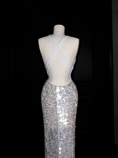 Wunderschönes Meerjungfrau-Neckholder-Pailletten-Langballkleid Partykleid Abschlusskleider D2729
