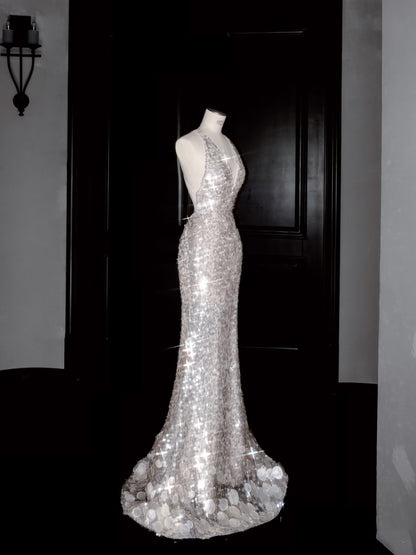 Wunderschönes Meerjungfrau-Neckholder-Pailletten-Langballkleid Partykleid Abschlusskleider D2729