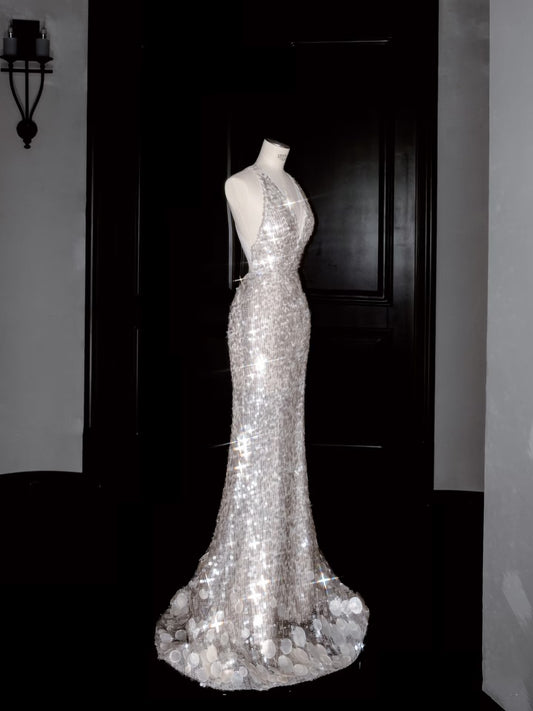 Wunderschönes Meerjungfrau-Neckholder-Pailletten-Langballkleid Partykleid Abschlusskleider D2729