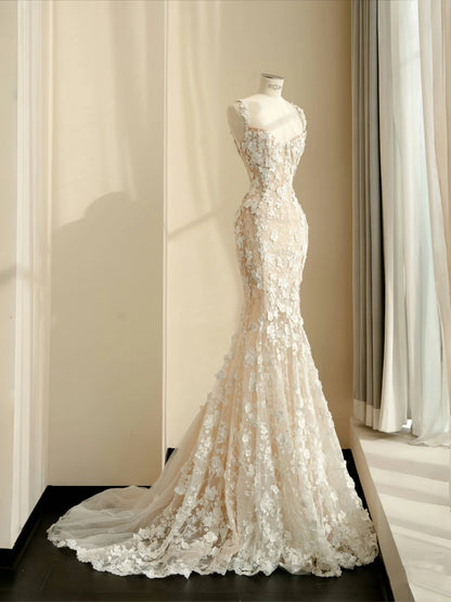 Simple Bridal Gown Mermaid Straps White Lace Floor Length Wedding Dresses Minimalist Bridal Gowns D2730
