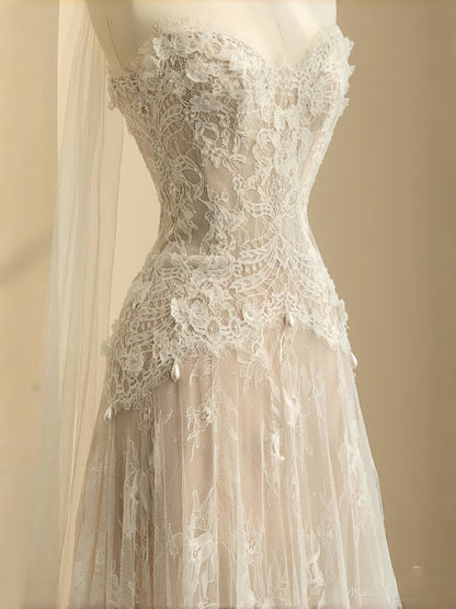 Simple Bridal Gown A line Sweetheart White Lace Floor Length Wedding Dresses Minimalist Bridal Gowns D2735