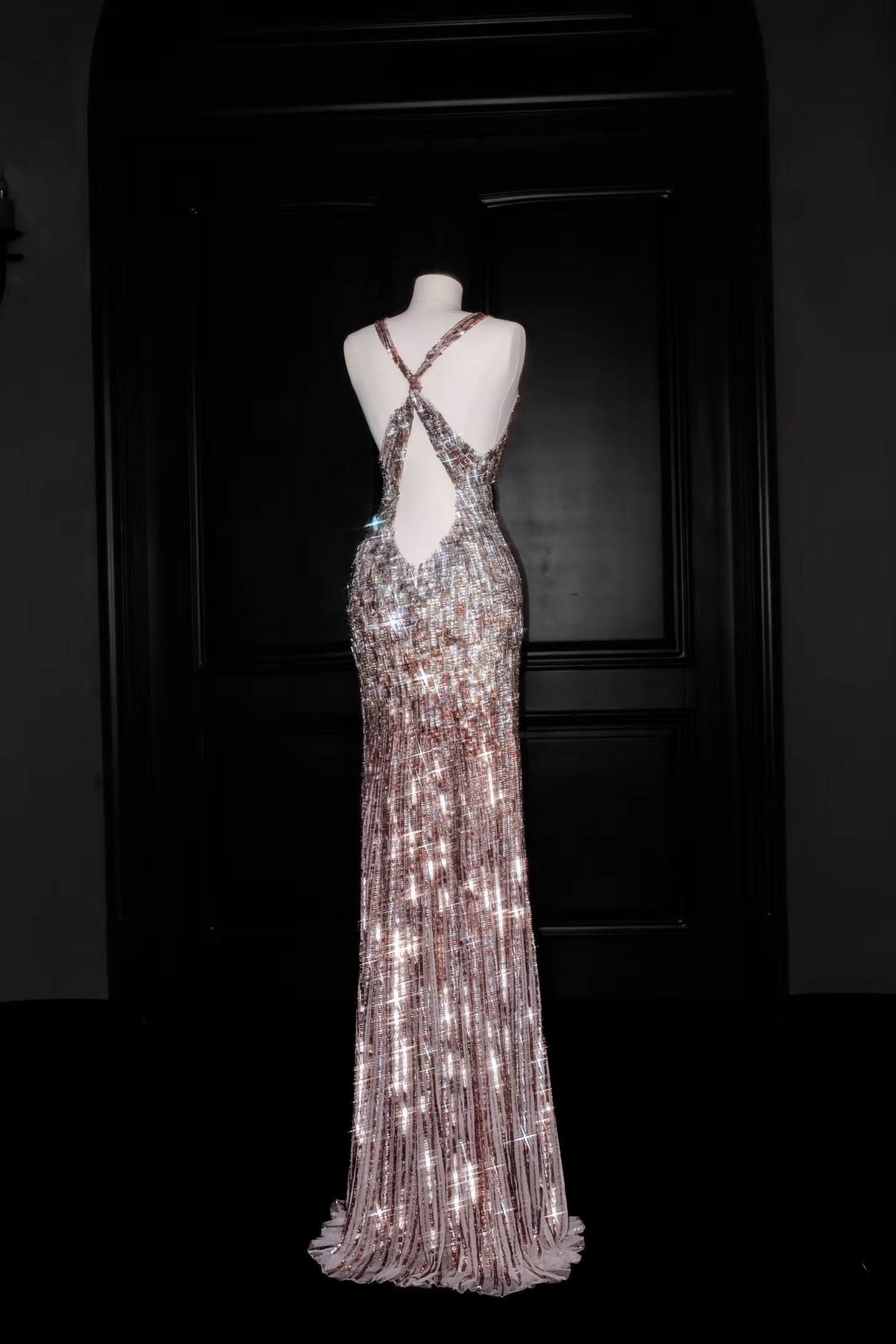 Wunderschöne Meerjungfrau V-Ausschnitt Rosa Pailletten Langes Ballkleid Partykleid Abschlusskleider D2736