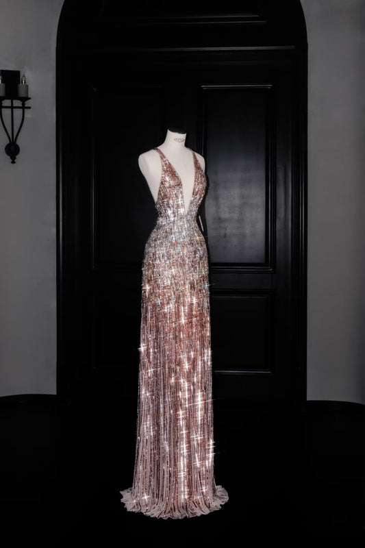 Wunderschöne Meerjungfrau V-Ausschnitt Rosa Pailletten Langes Ballkleid Partykleid Abschlusskleider D2736
