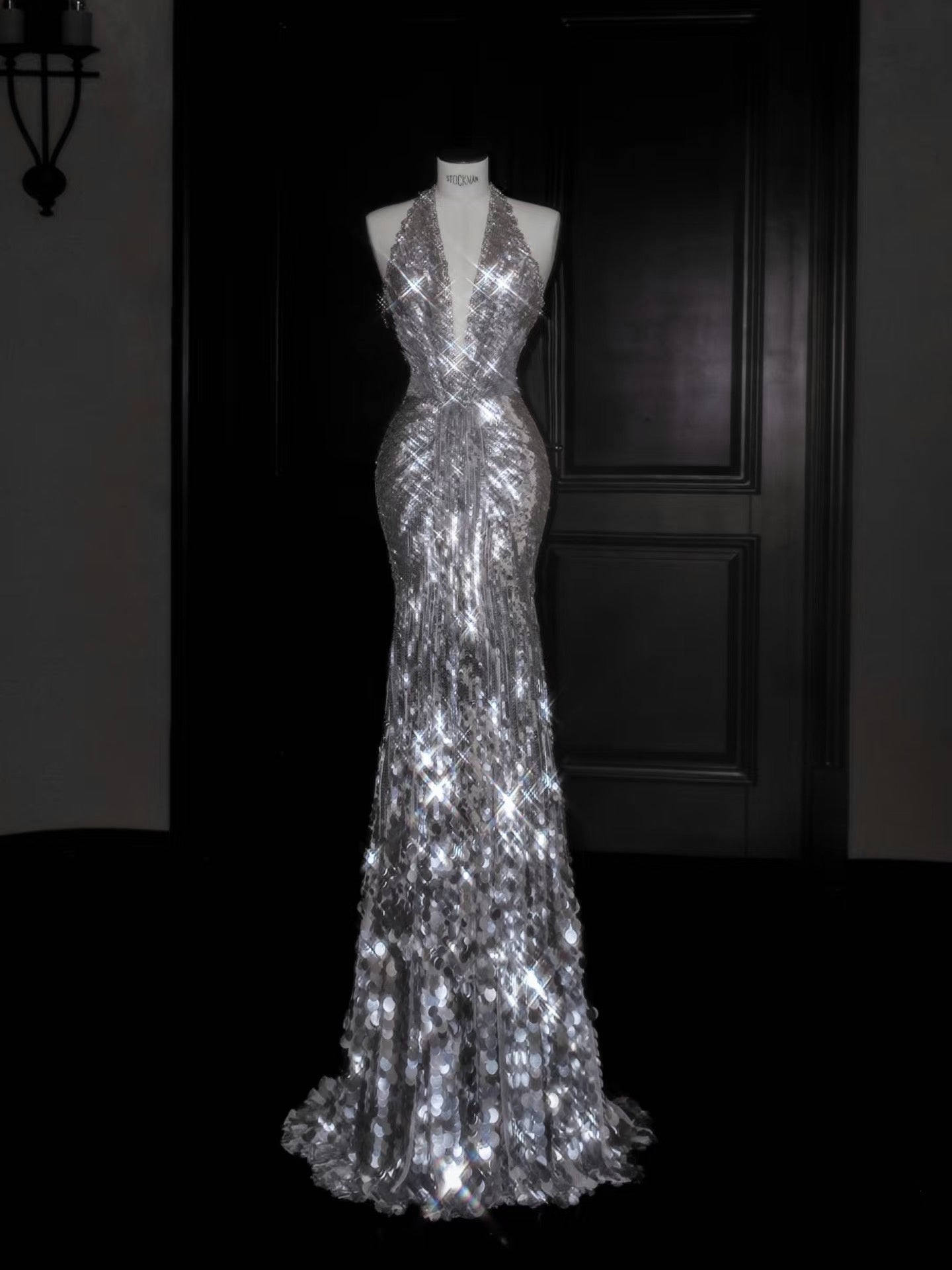 Glitzerndes Meerjungfrau-Kleid mit V-Ausschnitt, silberne Pailletten, langes Ballkleid, Partykleid, Abschlusskleider D2737
