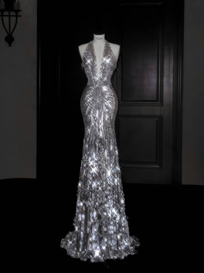 Glitzerndes Meerjungfrau-Kleid mit V-Ausschnitt, silberne Pailletten, langes Ballkleid, Partykleid, Abschlusskleider D2737