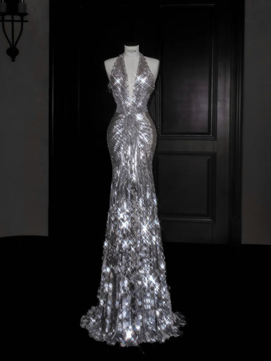 Glitzerndes Meerjungfrau-Kleid mit V-Ausschnitt, silberne Pailletten, langes Ballkleid, Partykleid, Abschlusskleider D2737