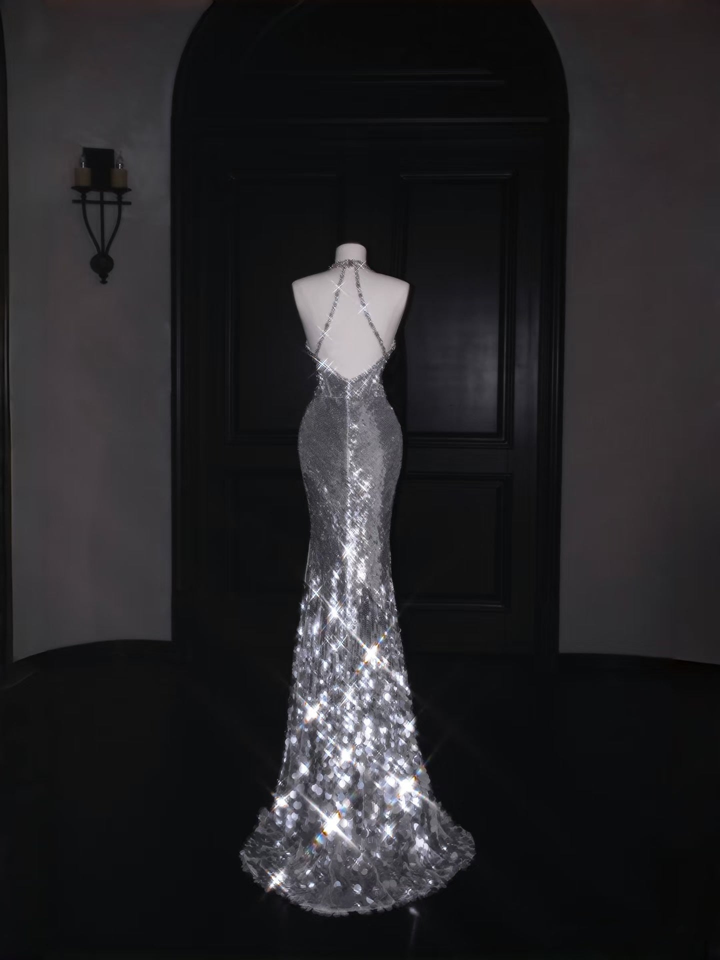 Glitzerndes Meerjungfrau-Kleid mit V-Ausschnitt, silberne Pailletten, langes Ballkleid, Partykleid, Abschlusskleider D2737