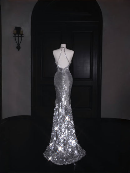 Glitzerndes Meerjungfrau-Kleid mit V-Ausschnitt, silberne Pailletten, langes Ballkleid, Partykleid, Abschlusskleider D2737