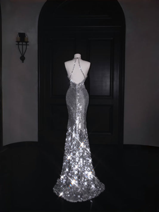 Glitzerndes Meerjungfrau-Kleid mit V-Ausschnitt, silberne Pailletten, langes Ballkleid, Partykleid, Abschlusskleider D2737
