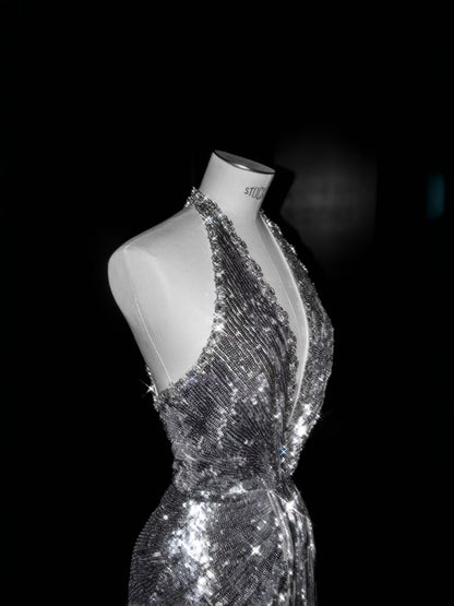 Glitzerndes Meerjungfrau-Kleid mit V-Ausschnitt, silberne Pailletten, langes Ballkleid, Partykleid, Abschlusskleider D2737