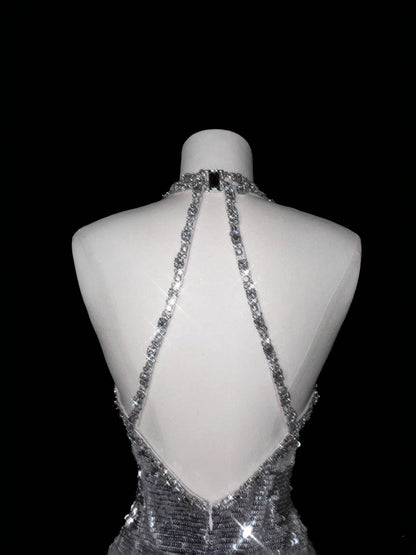 Glitzerndes Meerjungfrau-Kleid mit V-Ausschnitt, silberne Pailletten, langes Ballkleid, Partykleid, Abschlusskleider D2737