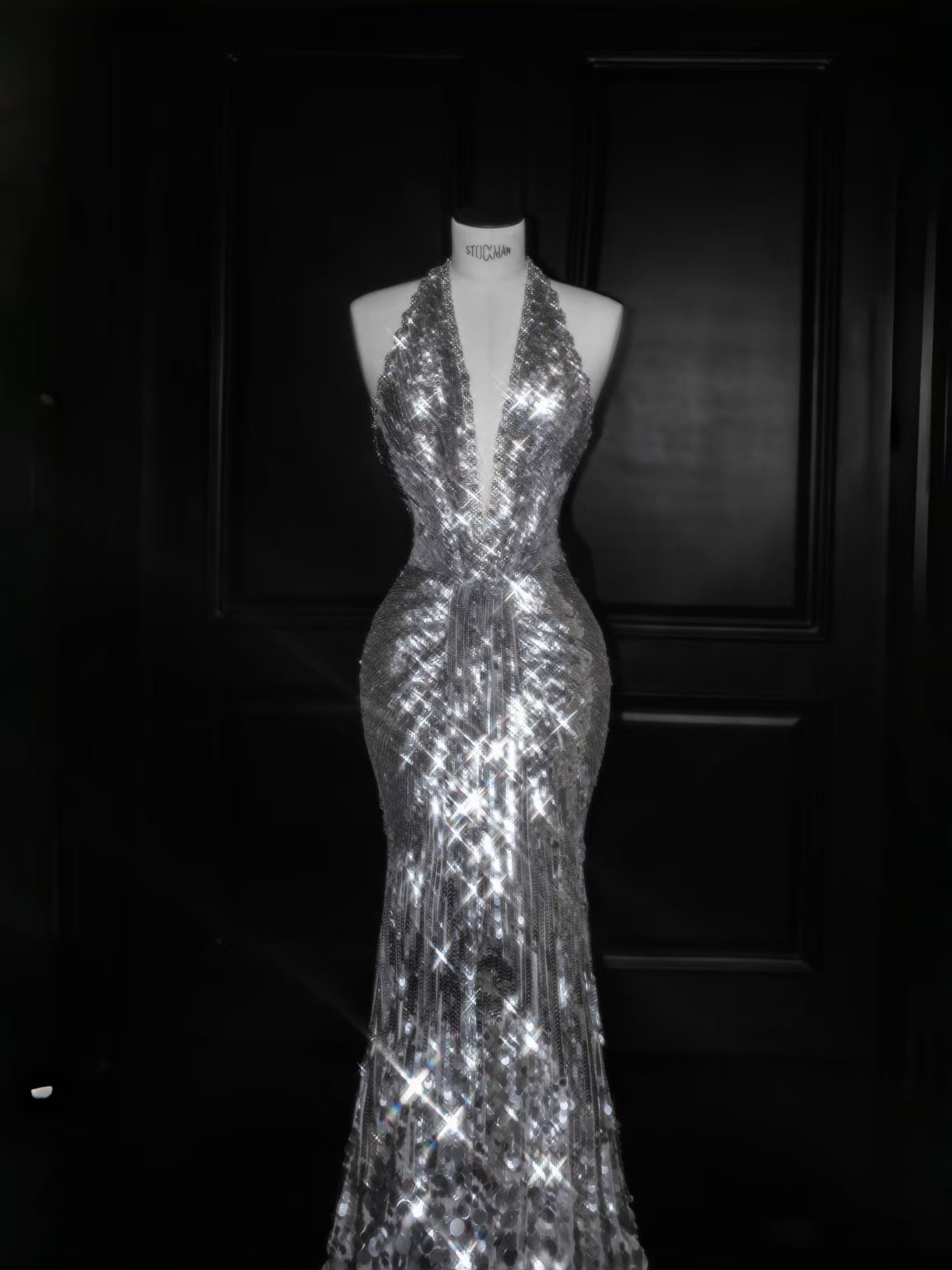 Glitzerndes Meerjungfrau-Kleid mit V-Ausschnitt, silberne Pailletten, langes Ballkleid, Partykleid, Abschlusskleider D2737