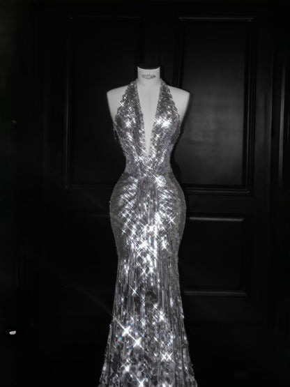 Glitzerndes Meerjungfrau-Kleid mit V-Ausschnitt, silberne Pailletten, langes Ballkleid, Partykleid, Abschlusskleider D2737