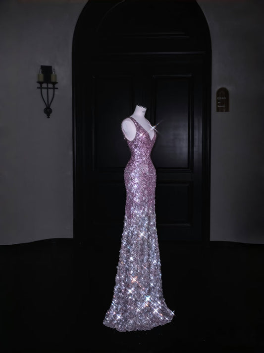 Glitzerndes Meerjungfrau-Kleid mit V-Ausschnitt, rosa Pailletten, langes Ballkleid, Partykleid, Abschlusskleider D2738