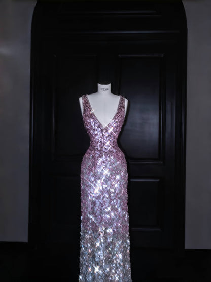 Sparkly Mermaid V Neck Pink Sequin Long Prom Dress Party Dress Graduation Dresses D2738