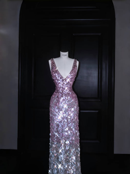 Glitzerndes Meerjungfrau-Kleid mit V-Ausschnitt, rosa Pailletten, langes Ballkleid, Partykleid, Abschlusskleider D2738