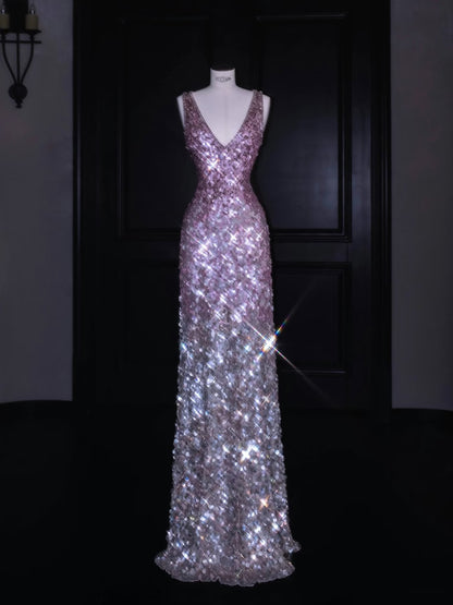 Sparkly Mermaid V Neck Pink Sequin Long Prom Dress Party Dress Graduation Dresses D2738
