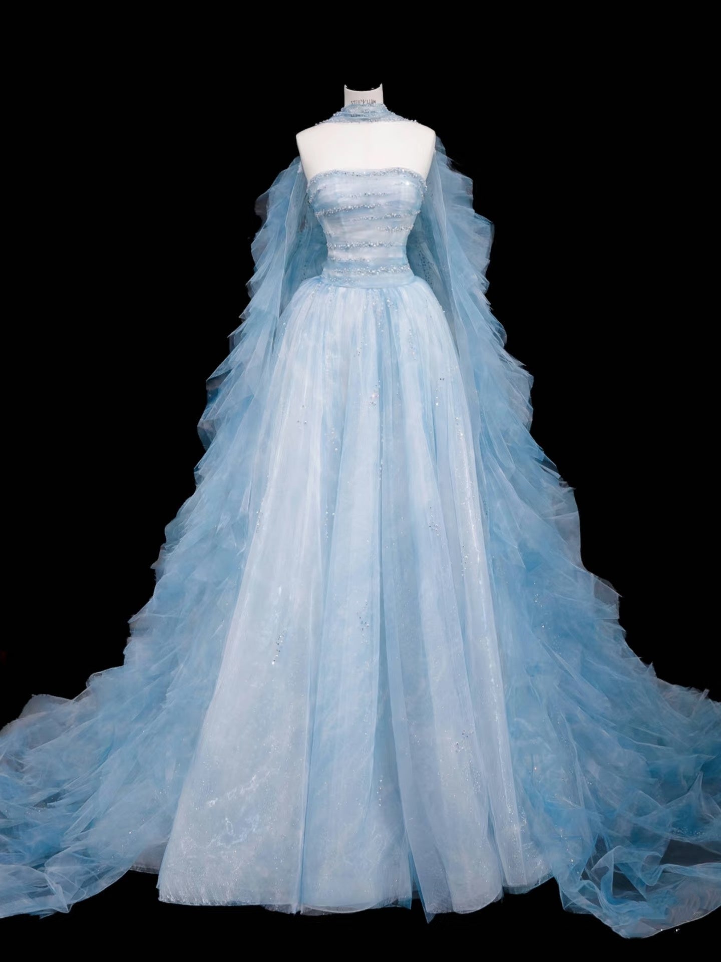 Bescheidenes Ballkleid Trägerlos Blau Tüll Langes Ballkleid Partykleid Abschlusskleider D2739