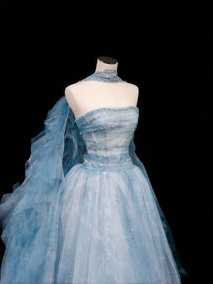Bescheidenes Ballkleid Trägerlos Blau Tüll Langes Ballkleid Partykleid Abschlusskleider D2739