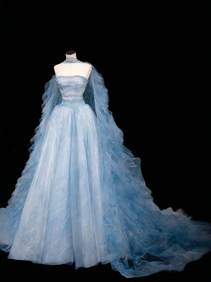 Bescheidenes Ballkleid Trägerlos Blau Tüll Langes Ballkleid Partykleid Abschlusskleider D2739