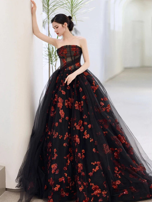 Edles Ballkleid Trägerloses Tüll Schwarzes Abendkleid Langes Ballkleid H2863