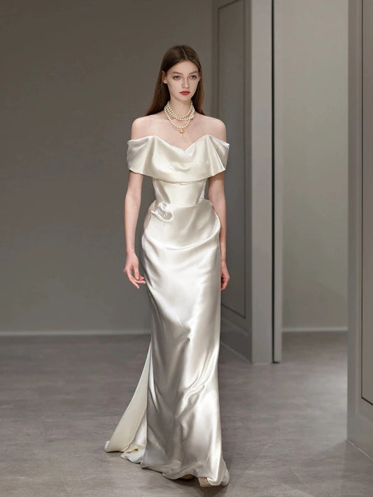 Elegante Meerjungfrau Weg Von Der Schulter Satin Kurzen Ärmeln Brautkleider Bräute Kleid H2868
