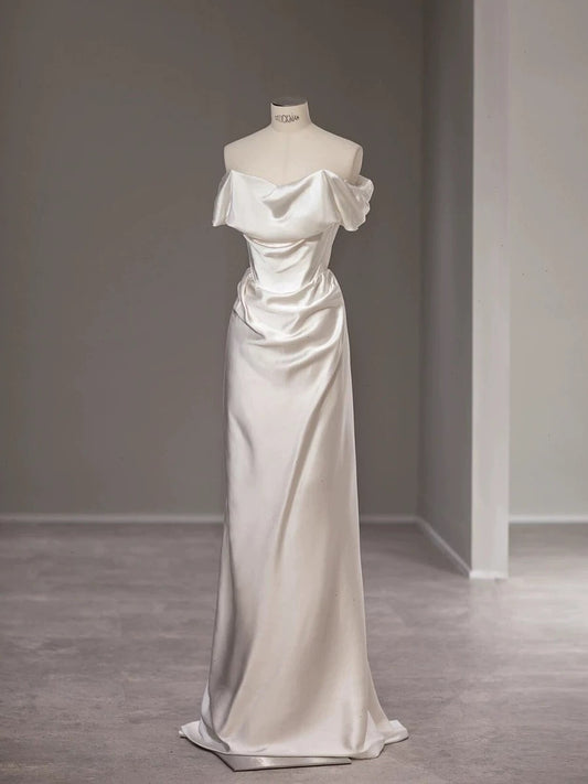 Elegante Meerjungfrau Weg Von Der Schulter Satin Kurzen Ärmeln Brautkleider Bräute Kleid H2868