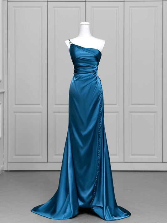 Edle Meerjungfrau One-Shoulder Blau Satin Abendkleid Lange Ballkleider H2869