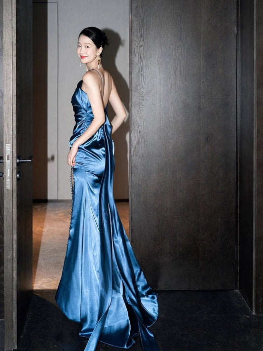 Edle Meerjungfrau One-Shoulder Blau Satin Abendkleid Lange Ballkleider H2869